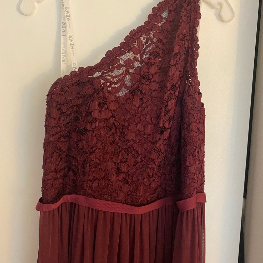 David's Bridal Deep Red Lace Bridesmaids Dress